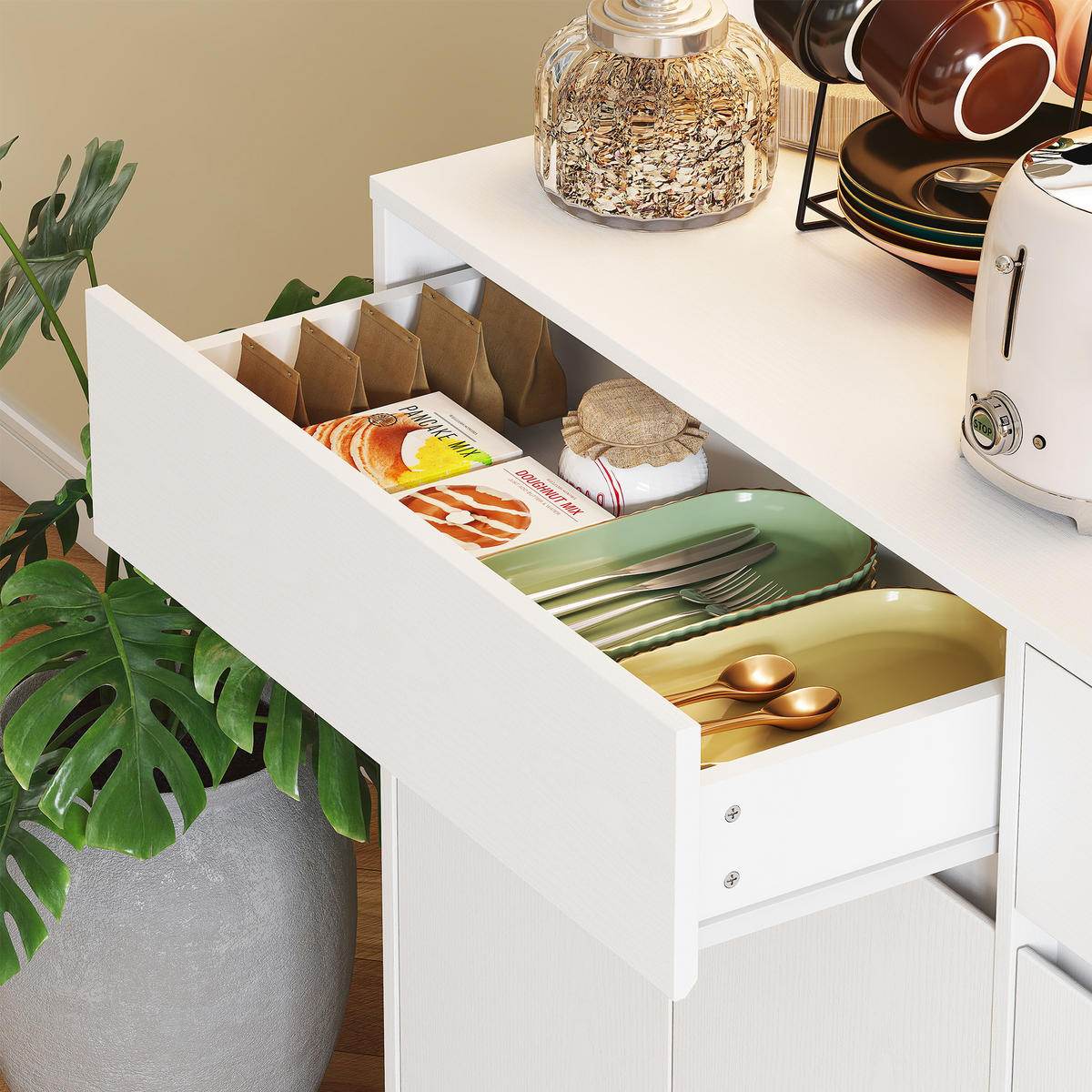 BUFFET DE-11183 LED-Beleuchtung, 6 Türen Weiß - Weiß, Holzwerkstoff (38/180/100cm) - ComfortXL