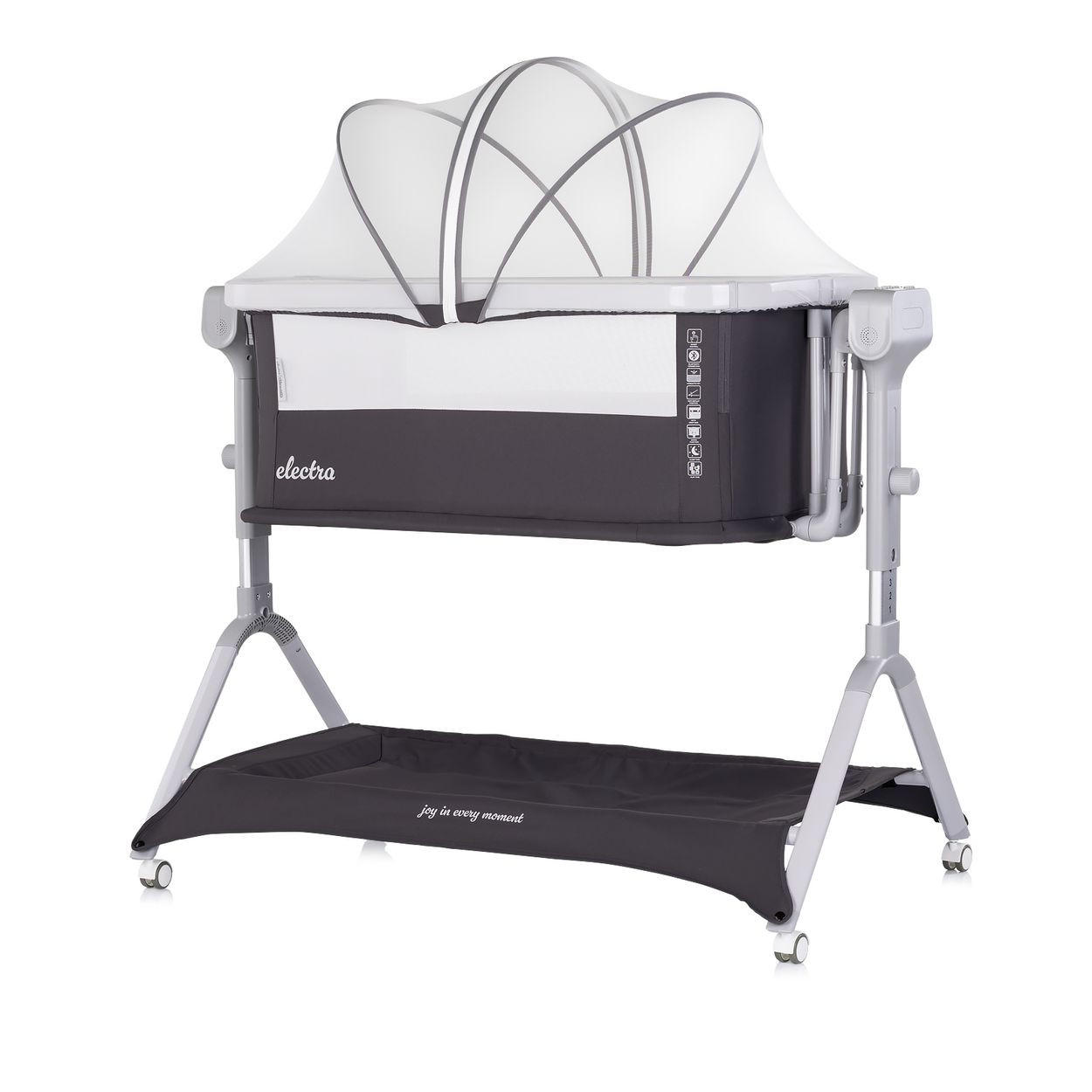 BEISTELLBETT Electra dunkelgrau 113 x 72 cm, Schaukelfunktion, 5-fach verstellbar, Moskitonetz, Korb - Schwarz, Metall (52/83cm) - Chipolino