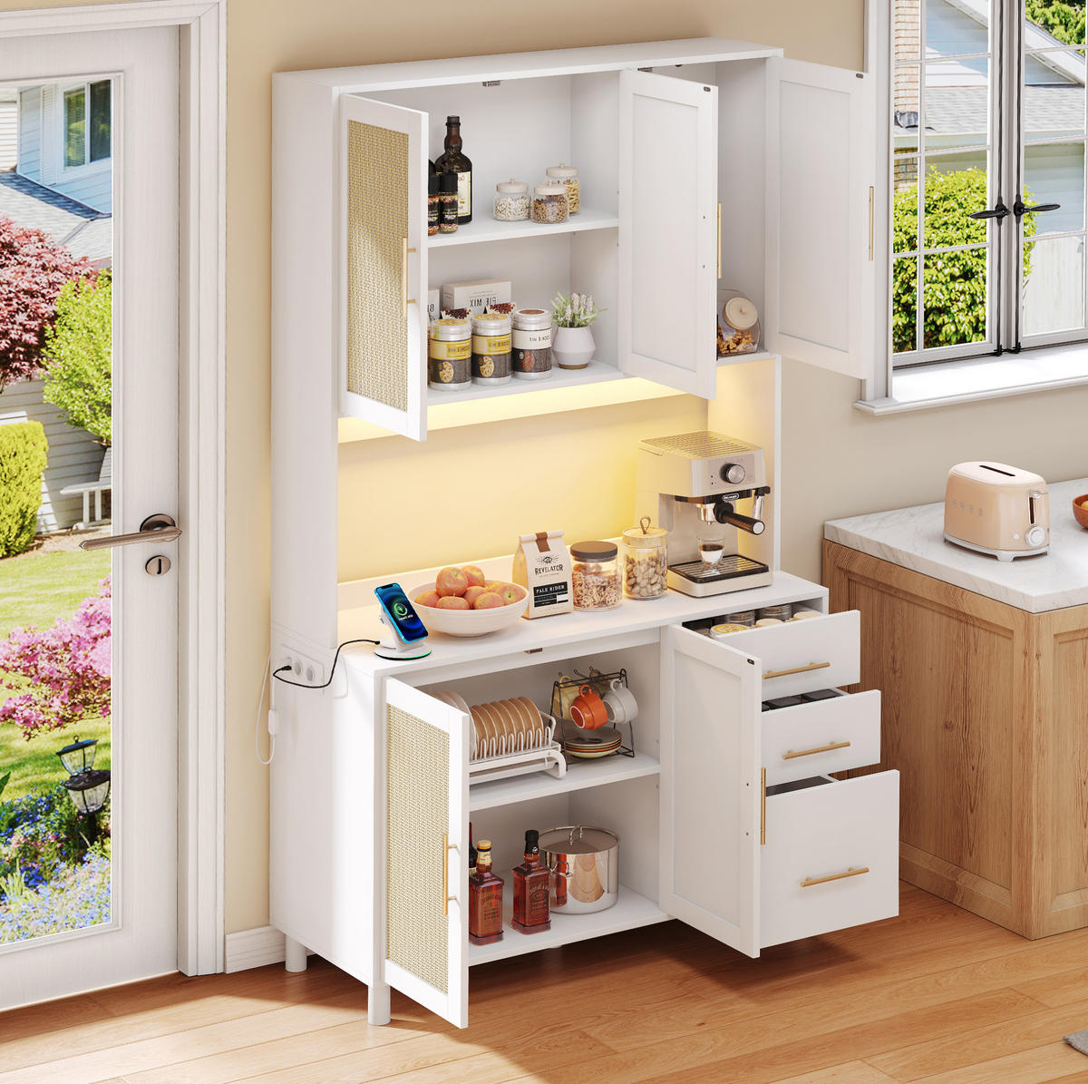 BUFFET aus MDF 100x40x183 cm Weiß mit App-gesteuerter LED-Beleuchtung, Steckdosen, USB-Anschluss und viel Stauraum - Weiß, Holzwerkstoff (100/183/40cm) - Modfu