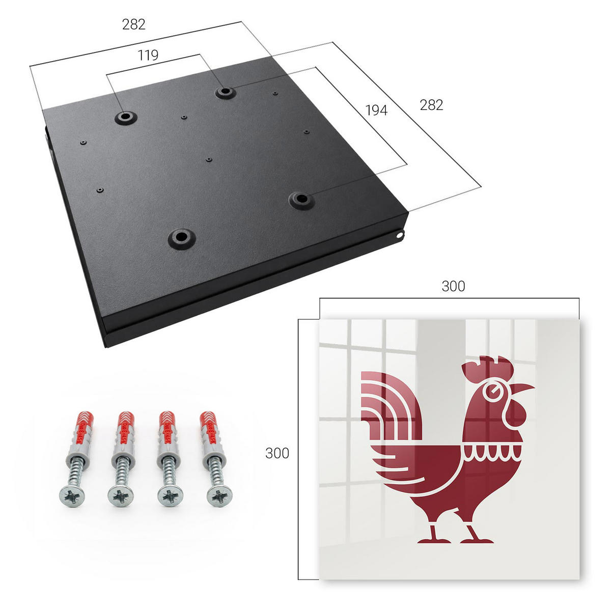 SCHLÜSSELBOX Schwarz 30x30 cm- Türöffnung nach rechts - Rooster Folk-Stil - Bordeaux, Metall (30/30/5cm) - TULUP