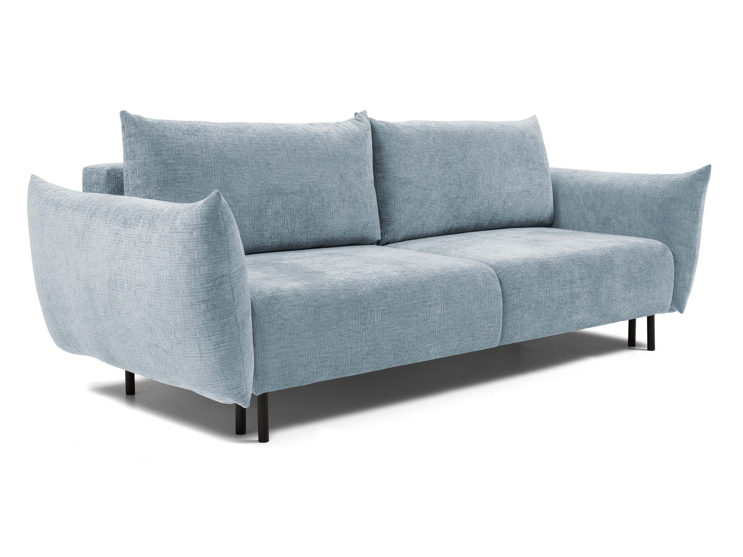 SOFA ADEL - Schlaffunktion Und Bettkasten, Wellenfederung, PUR-Schaum, Schwarze Metallfüße lose Rückenkissen, freistehend, 240x108x75 cm Light blue - Hellblau, Holz/Textil (240/75/108cm) - DomoHome