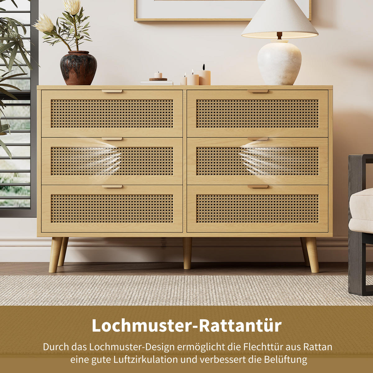 SIDEBOARD 120/40/76,5 cm aus Spanplatte mit 6 Schubladen und Rattan-Front Walnuss - Eichefarben, Holzwerkstoff (120/76.5/40cm) - Modenvie