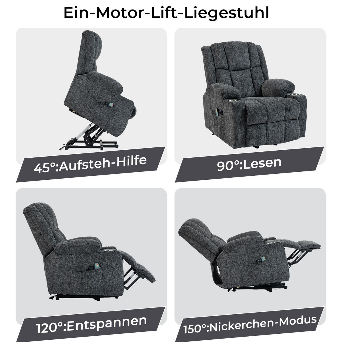 RELAXSESSEL in Dunkelgrau mit Aufstehhilfe, Massage- und Wärmefunktion,84/91/106 cm - Dunkelgrau, Textil (84/106/91cm) - Flora Grace