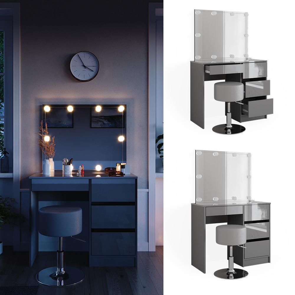 SCHMINKTISCH Sherry Grau 90 cm mit LED Beleuchtung und Hocker - Grau, Holzwerkstoff (90/75/40cm) - Vicco