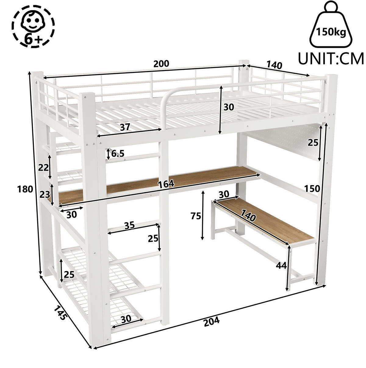 HOCHBETT 140/200 cm mit LED-Beleuchtung, Schreibtisch, Stauraumtreppe und Lochplatte, Weiß - Weiß, Metall (140/200cm) - Redom