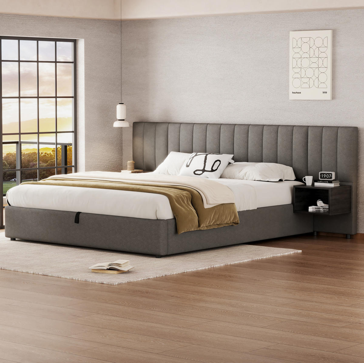 BETT mit Stauraum 180x200 cm Leinen Grau-Schwarz mit 2 Nachttischen - Grau, Metall (180/200cm) - Meubliv