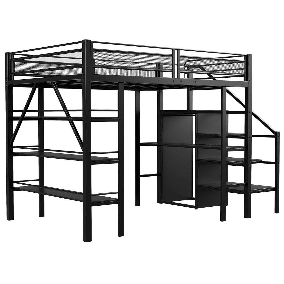 HOCHBETT 140/200 cm Schwarz mit Schreibtisch und Ablageregal aus Metall - Schwarz, Metall (140/200cm) - OKWISH