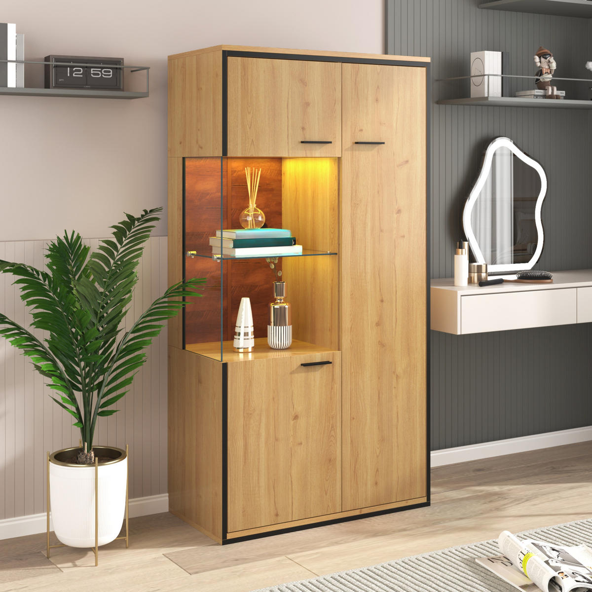 VITRÍNA 150/77,5/40 cm, MDF, prírodná s LED osvetlením - prírodná farba, kompozitné drevo (77.5/150/40cm) - BEAOK