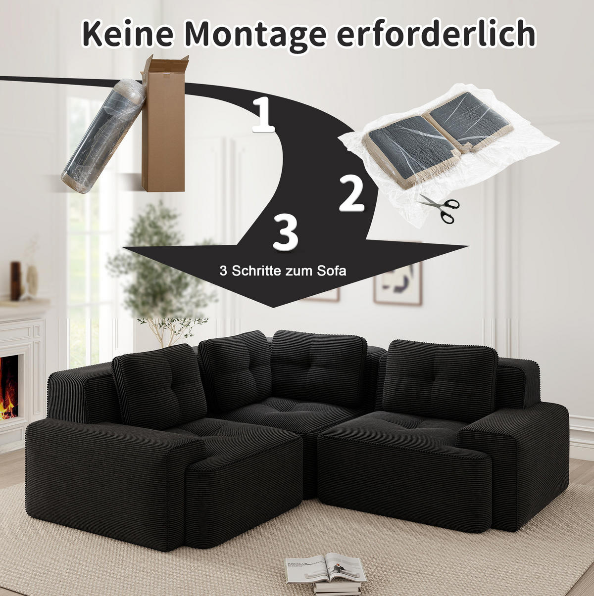 ECKSOFA 206/206/69 cm schwarz aus Cord mit modularem Design und rutschfestem Standfuß - Schwarz, Textil (206/206cm) - OKWISH