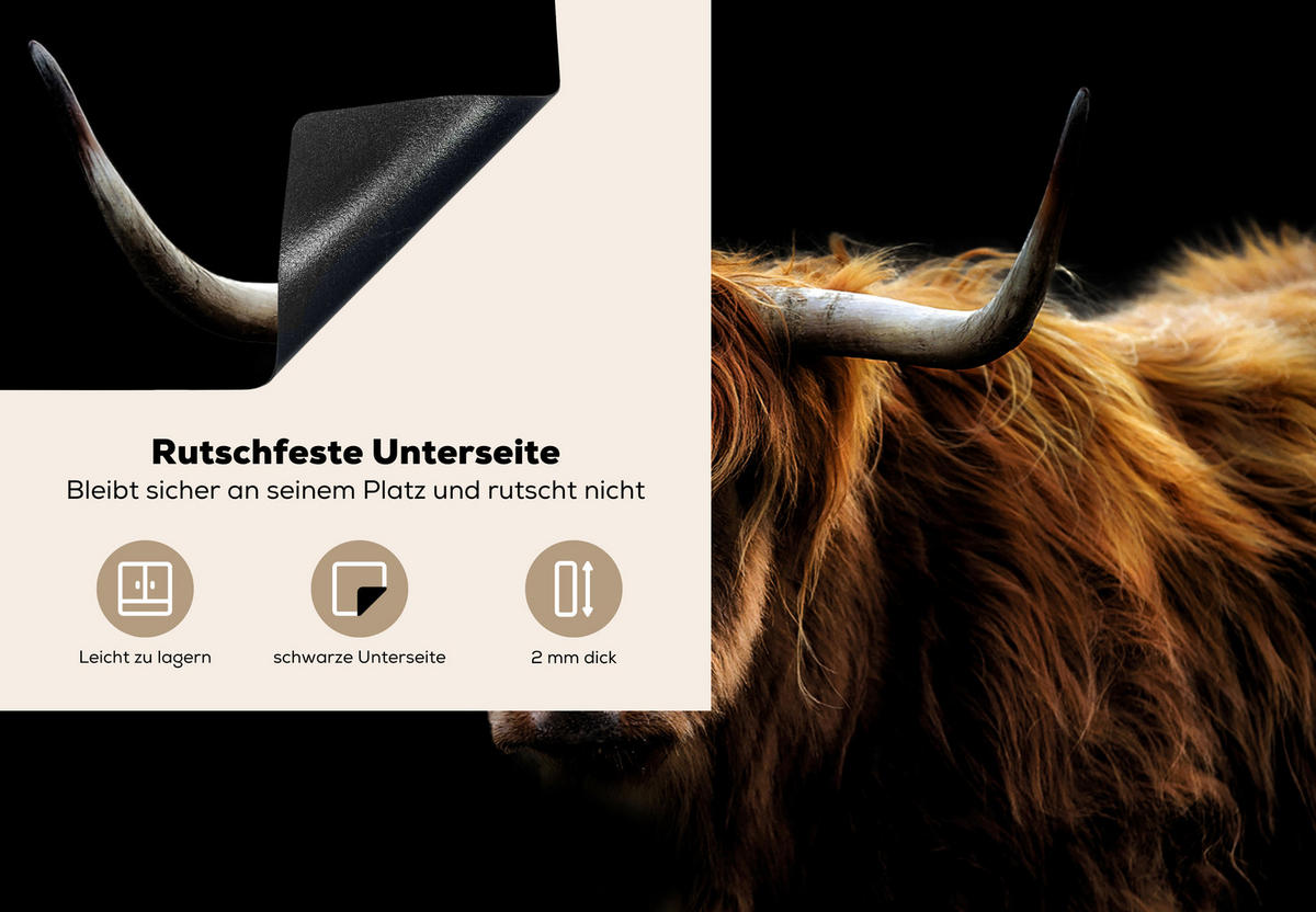 HERDABDECKPLATTE Schottischer Highlander - Hörner - Schwarz - Tiere - Natur - Wild - Kuh 75x52 cm - Cognac, Kunststoff (75/0.2/52cm) - MuchoWow