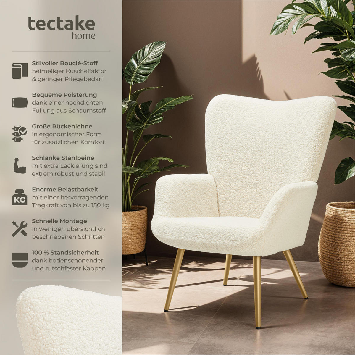 SESSEL Hygge,72 x 76 x 100,5 cm,Bouclé creme/gold - Goldfarben/Creme, Kunststoff (72/100.5/76cm) - tectake