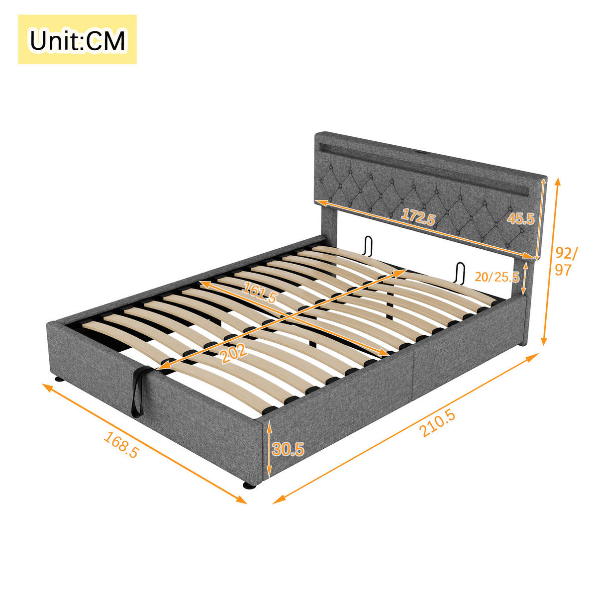 POLSTERBETT 160/200 cm Grau mit LED-Umgebungslicht und USB-Anschluss Ohne Matratze - Grau, Textil (160/200cm) - OKWISH