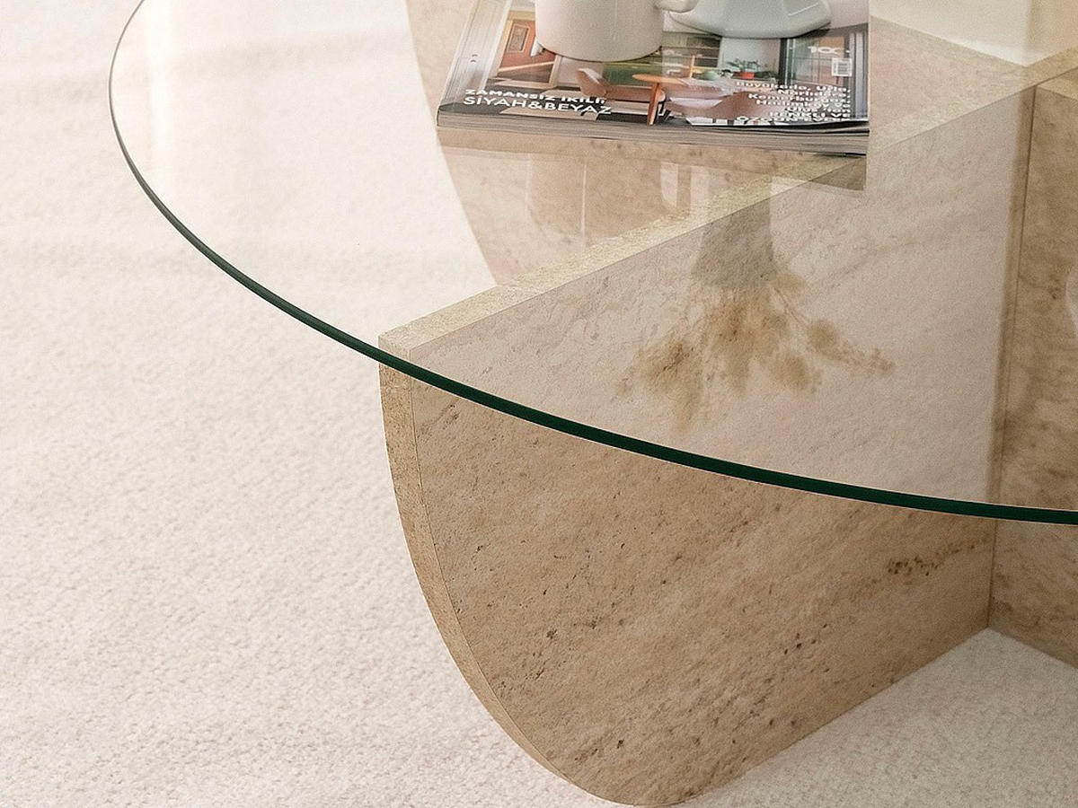 COUCHTISCH aus gehärtetem Glas - Travertin-Effekt und Transparent - AYSUN - Transparent, Holz (90/90/30cm) - Vente-Unique