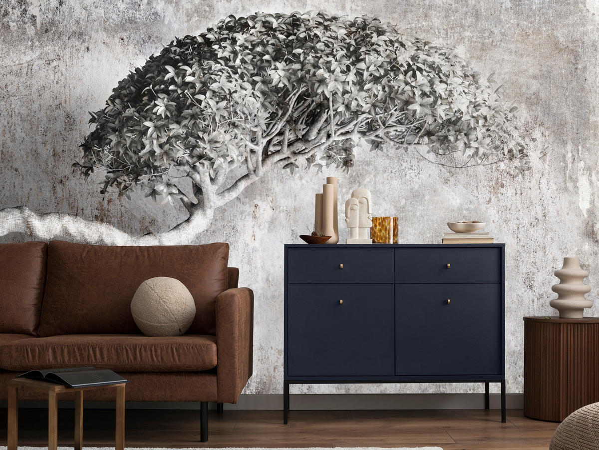 FOTOTAPETE Abstrakter Baum Beton 3D Effekt 300x210 - Beige/Schwarz, Papier (300/210cm) - Muralo