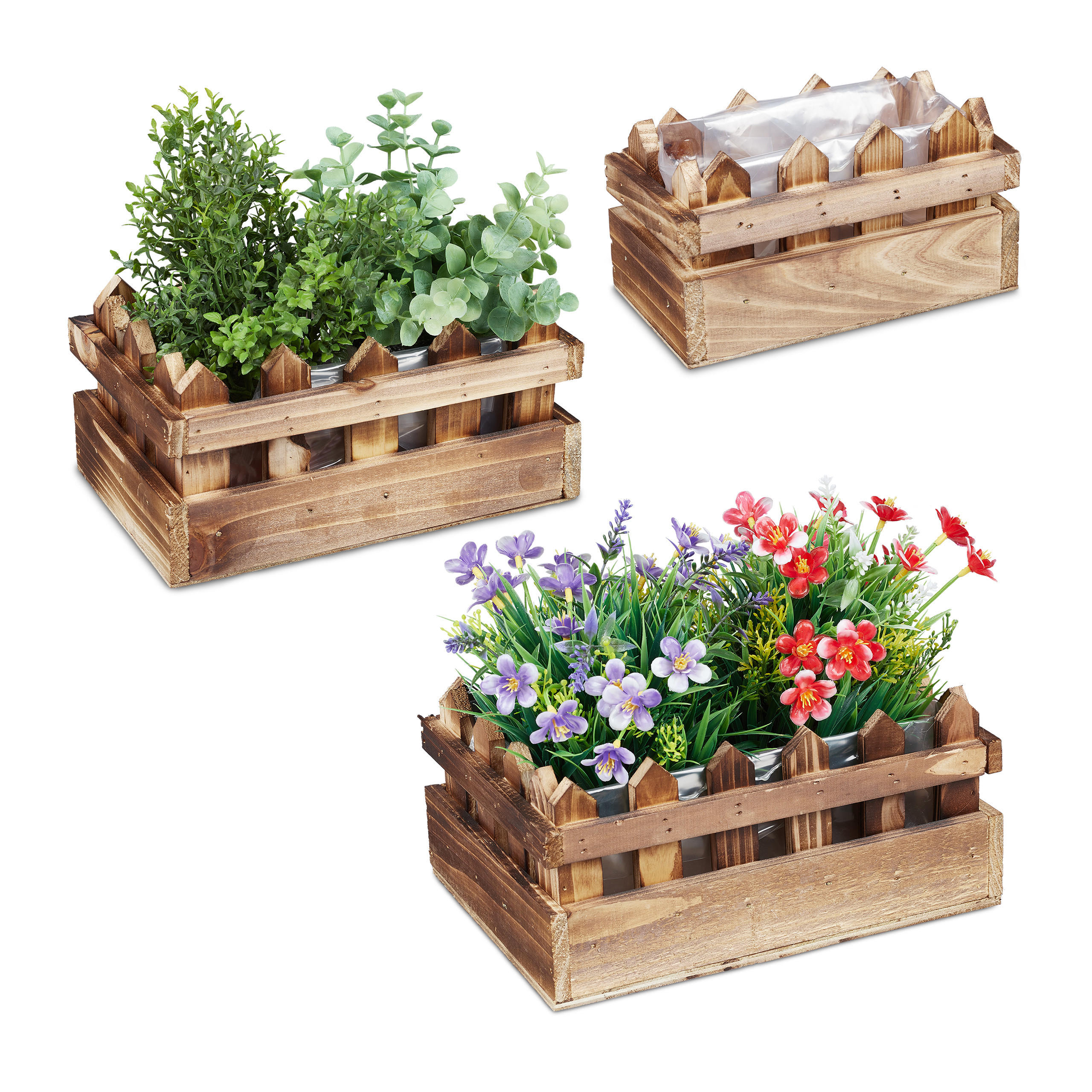 3XBLUMENKASTEN - Braun, Holz/Kunststoff (25.5/12/18.5cm) - Relaxdays