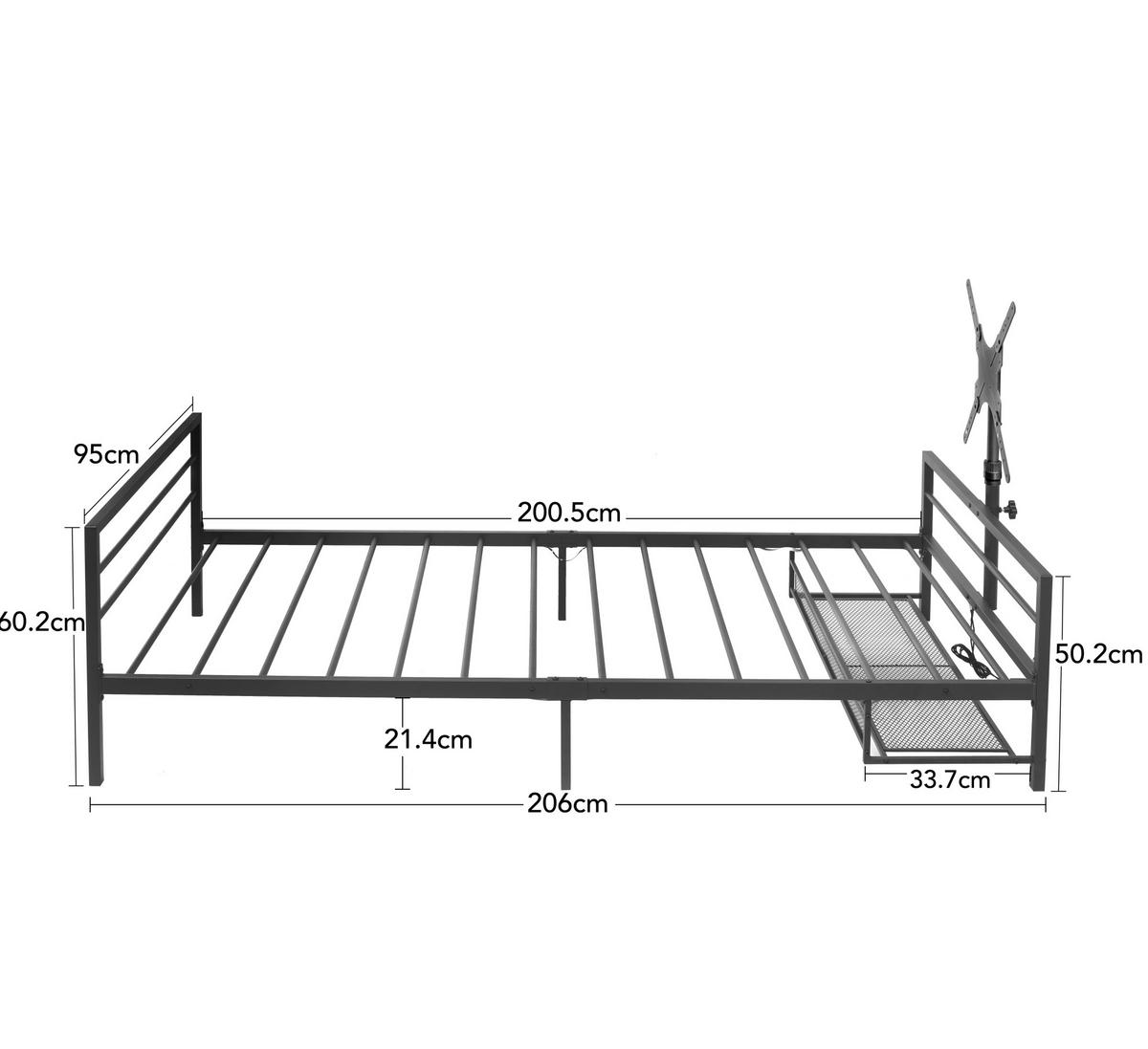 METALNI krevet 206 cm s LED osvjetljenjem, podesivim nosačem i spremišnim košaricama, Crna - crna, metal (90/200cm) - Redom