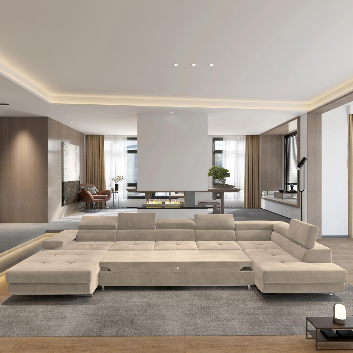 WOHNLANDSCHAFT TORIVA R-S Creme Velours-Stoff mit Schlaffunktion - Creme, Holz (418/90/202cm) - MASSENO