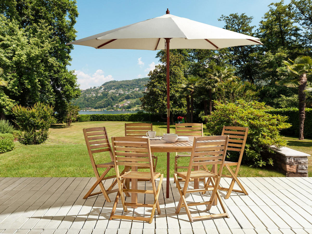 GARTENMÖBEL SET 6-Sitzer mit Sonnenschirm Akazienholz hellbraun Tolve - Hellbraun/Beige, Holz - Beliani