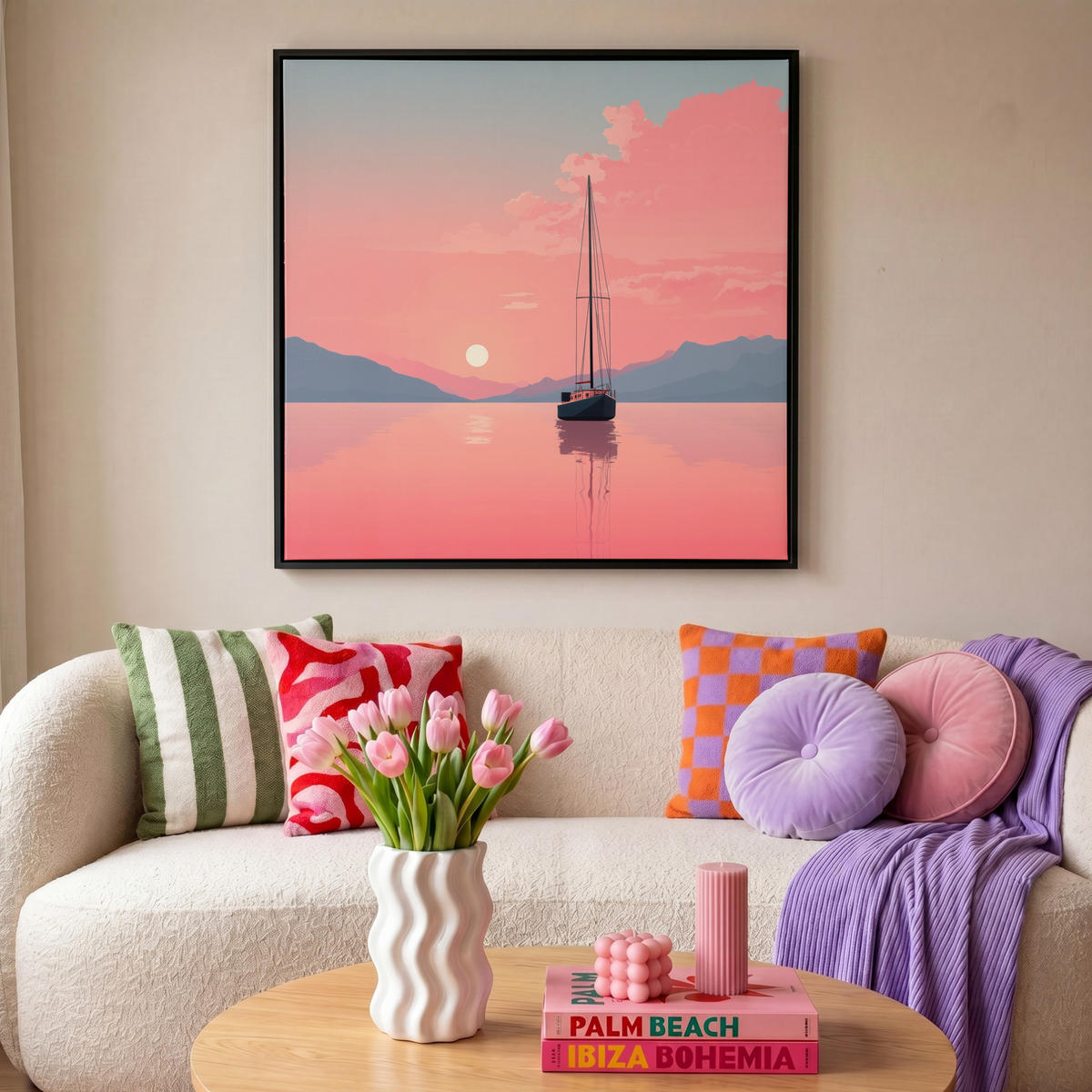 LEINWAND Bilder mit Rahmen - Segelboot - Rosa Meer - Sonnenuntergang - Berge - 90x90 - Rosa, Textil (90/90cm) - MuchoWow