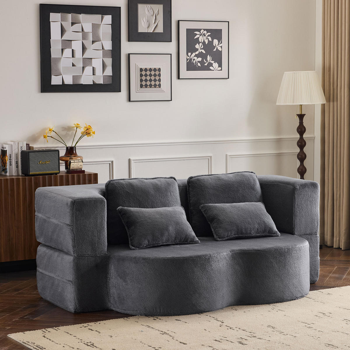 2-SITZER SCHLAFSOFA Flanell Blau & Grau mit 4 Kissen - Blau/Grau, Textil (198/76/120cm) - WISHDOR