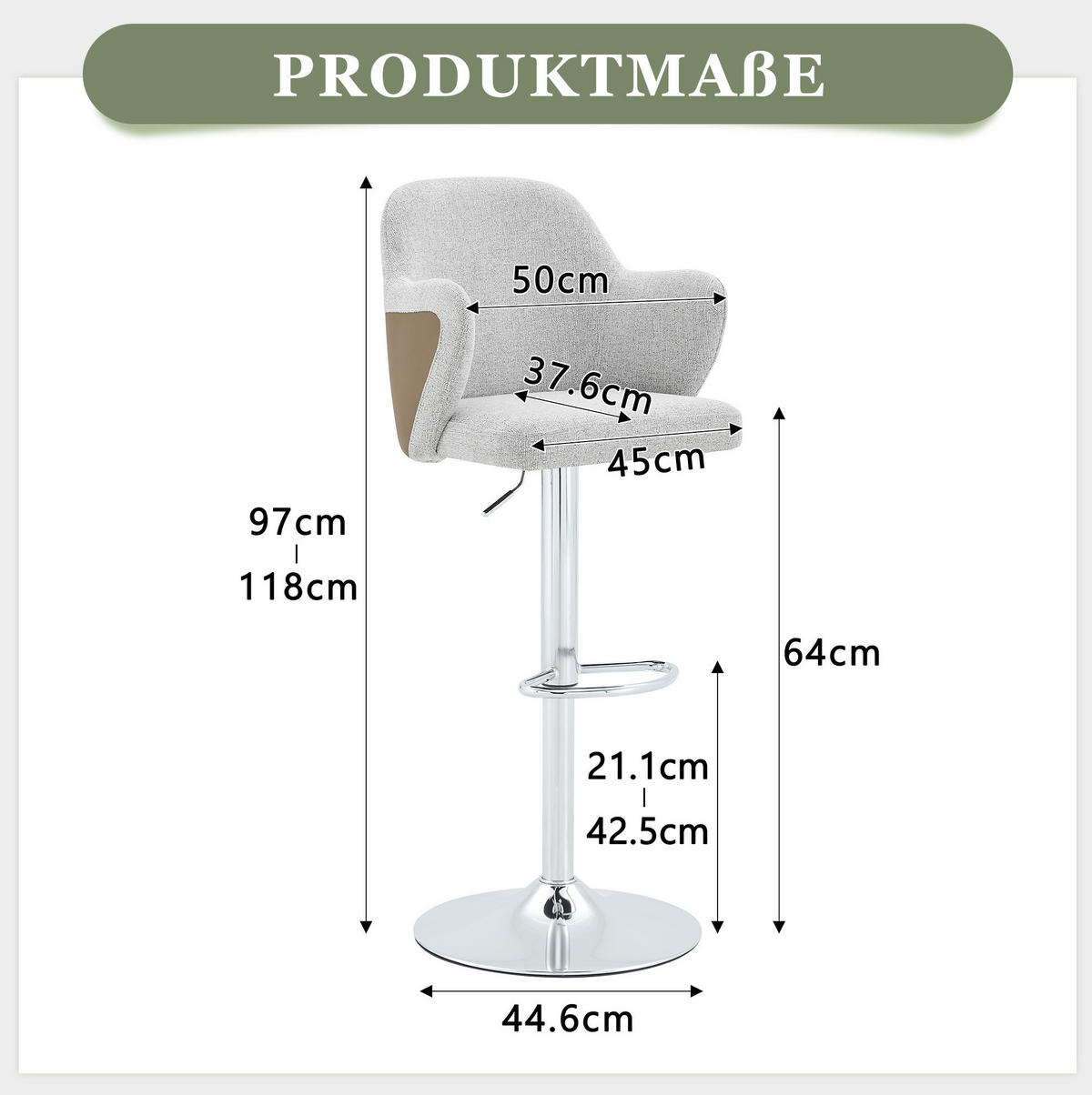 BARHOCKER-SET 2-teilig höhenverstellbar mit 360°-Drehfunktion und Armlehnen - Grau, Textil (37.6/118/45cm) - MIVRAY