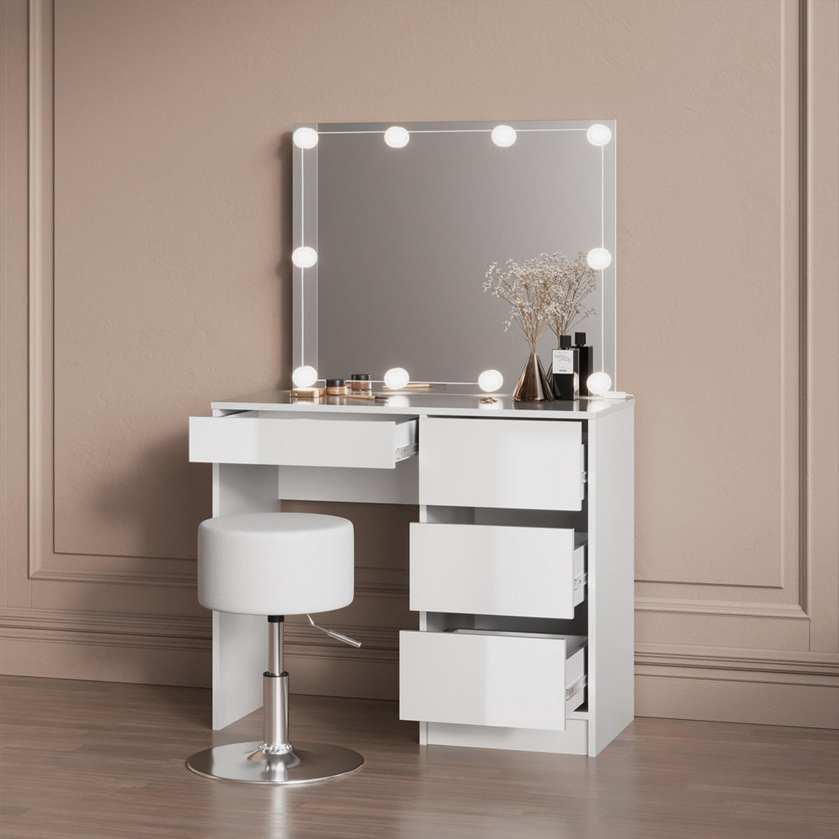 SCHMINKTISCH Imola Weiß mit LED Beleuchtung und Hocker - Weiß, Holzwerkstoff (90/75/40cm) - Livinity®