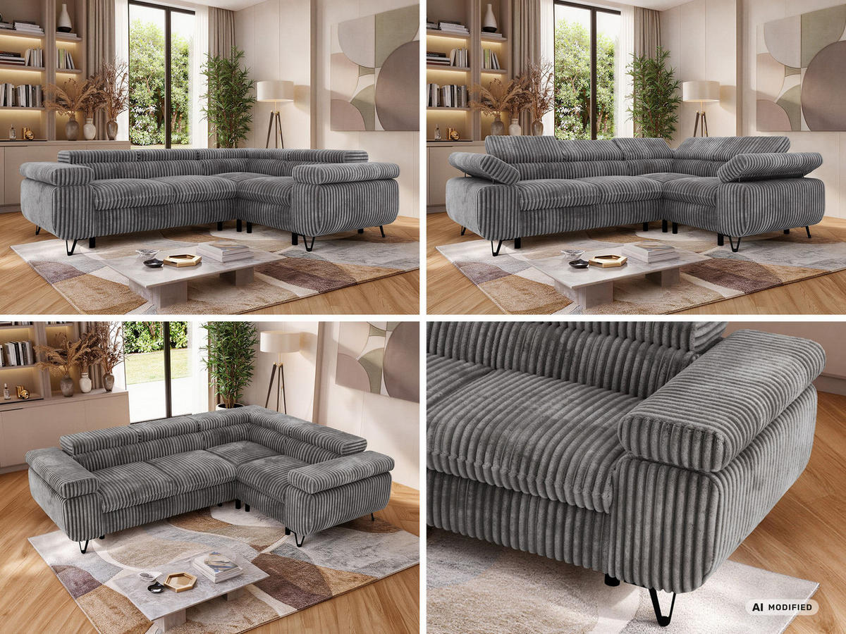 ECKSOFA ORSO L Grau Cord - Rechts Seite - Schwarz/Grau, Textil/Metall (268/197cm) - MKS