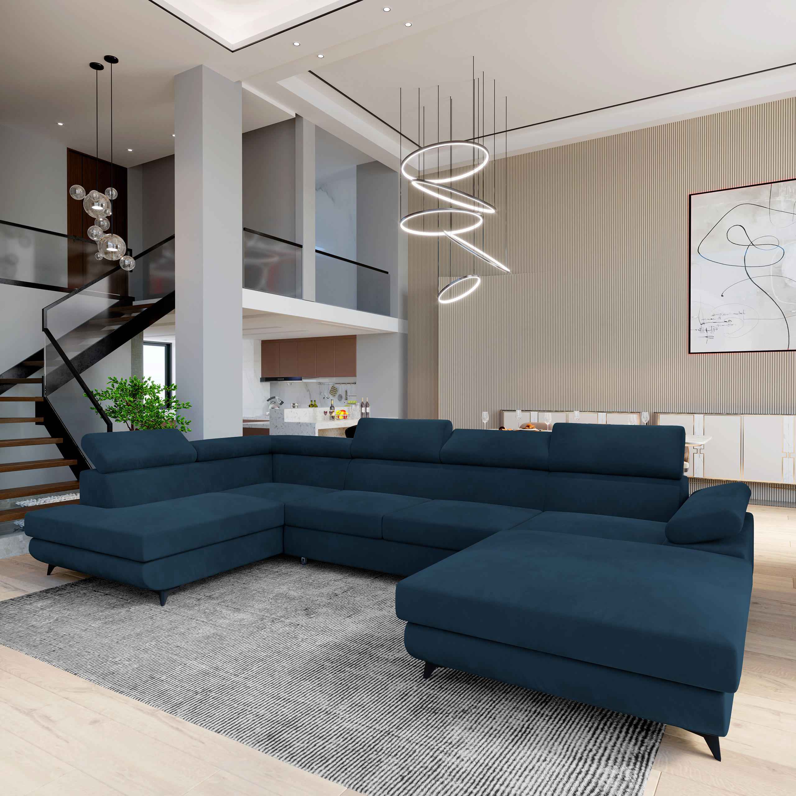 WOHNLANDSCHAFT RUBANO L-S Blau Velours-Stoff mit Schlaffunktion - Blau, Holz (339/89/190cm) - MASSENO