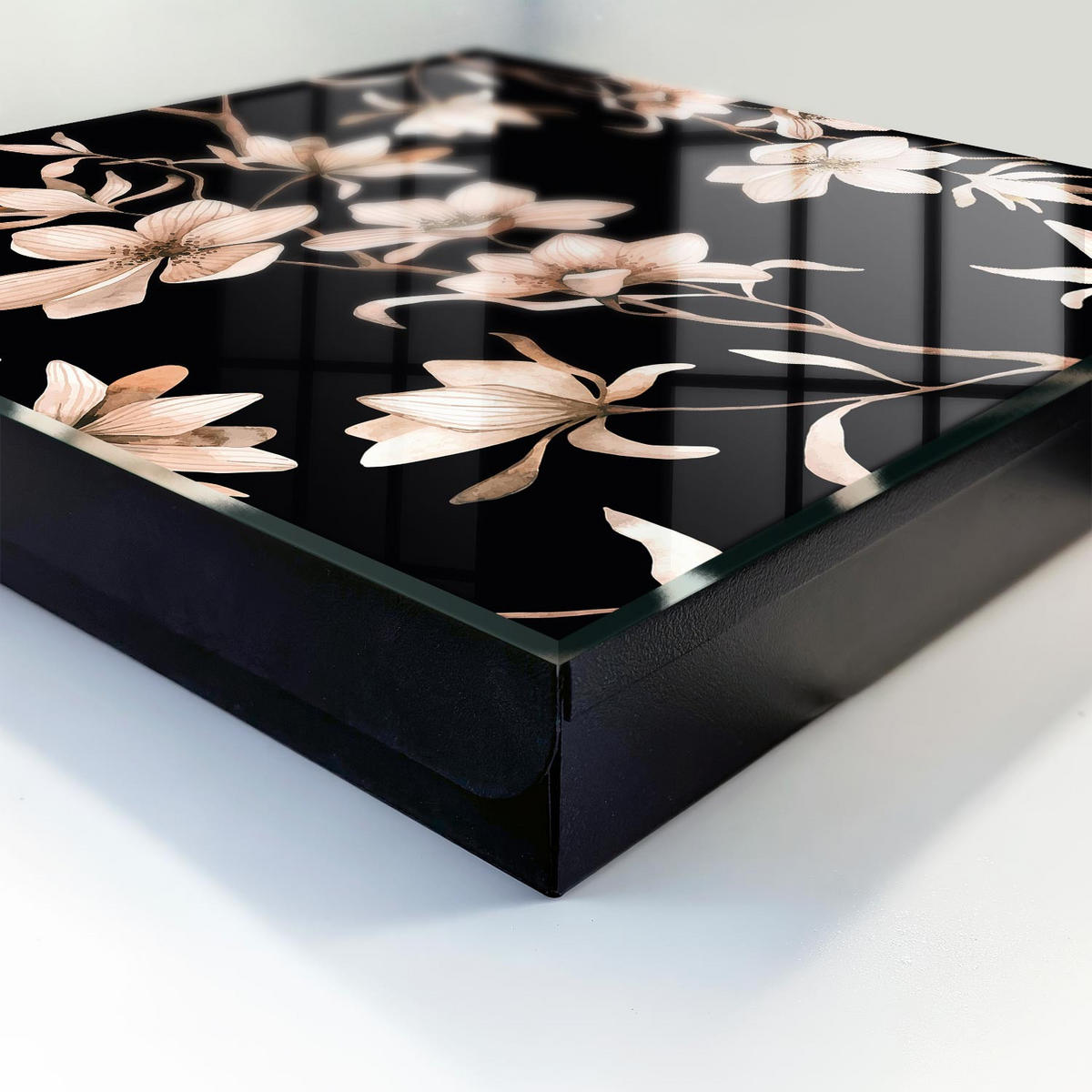 SCHLÜSSELBOX Schwarz 30x30 cm- Türöffnung nach rechts - Cremefarbene Blüten - Schwarz, Metall (30/30/5cm) - TULUP