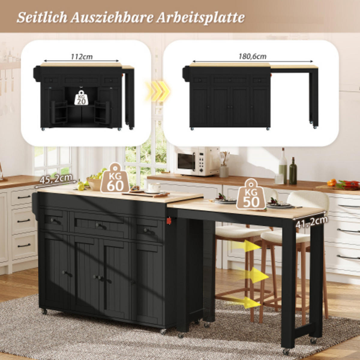 KÜCHENINSEL mit seitlich ausziehbarer Arbeitsplatte schwarz-natur 137-190,6×45,2×92 cm aus MDF - Schwarz, Holzwerkstoff (190.6/92/45.2cm) - Luhomfu