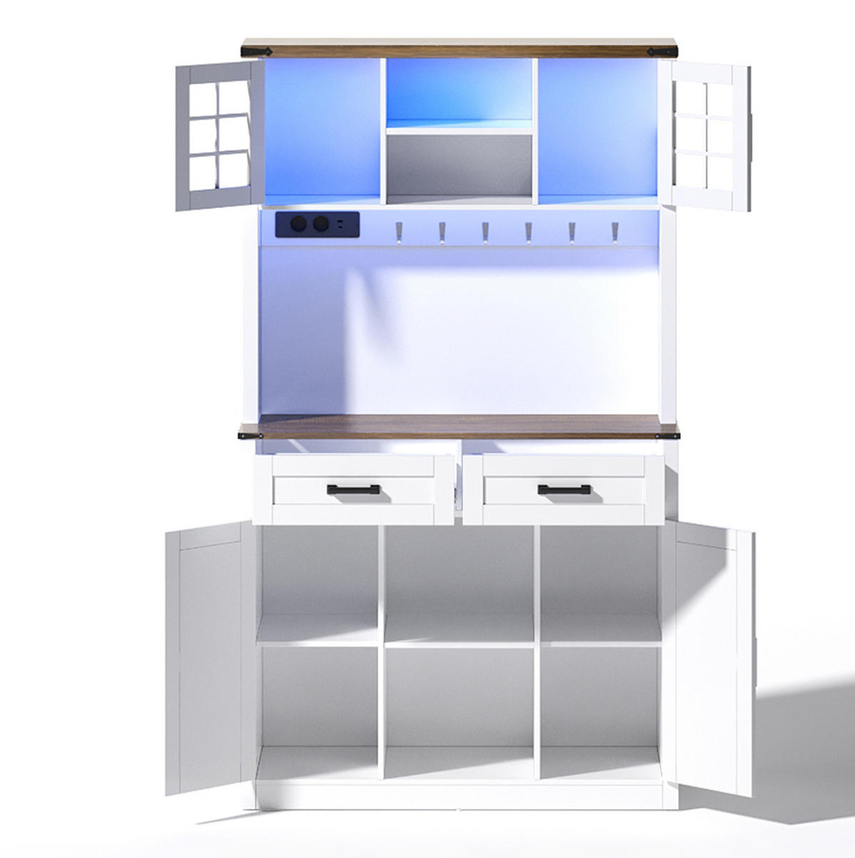 BUFFET aus MDF 100x40x172 cm Braun-Weiß mit LED-Beleuchtung, Steckdosen, USB-C und verstellbaren Einlegeböden im Scheunentor-Design - Braun, Holzwerkstoff (100/172/40cm) - Modfu