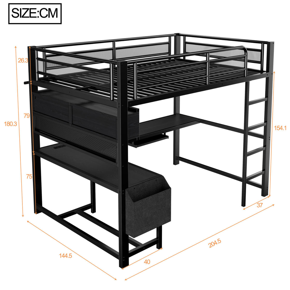 HOCHBETT 140/200 cm Schwarz mit Schreibtisch und LED - Schwarz, Metall (140/200cm) - MIVRAY