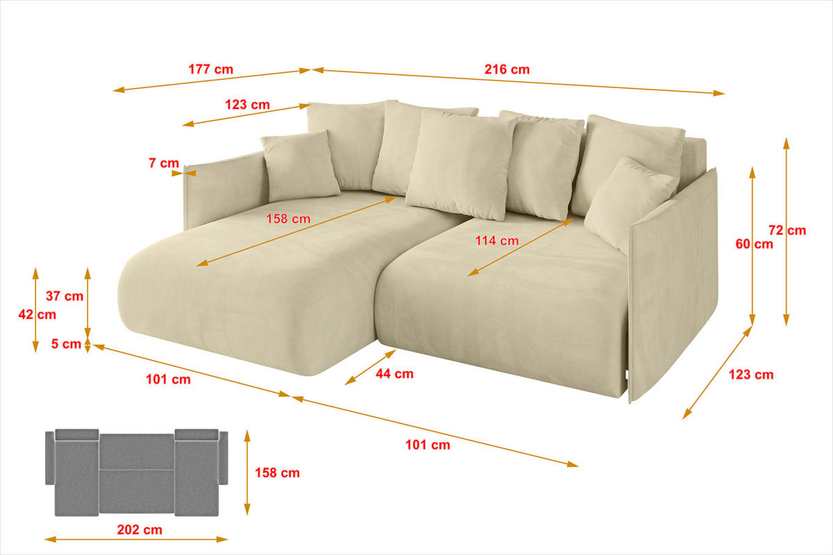 ECKSOFA mit Schlaffunktion und Bettkasten ONESK-L 216x177x72 Beige Velours - Ecru/Beige, Holzwerkstoff/Kunststoff (216/177cm) - ALTDECOR