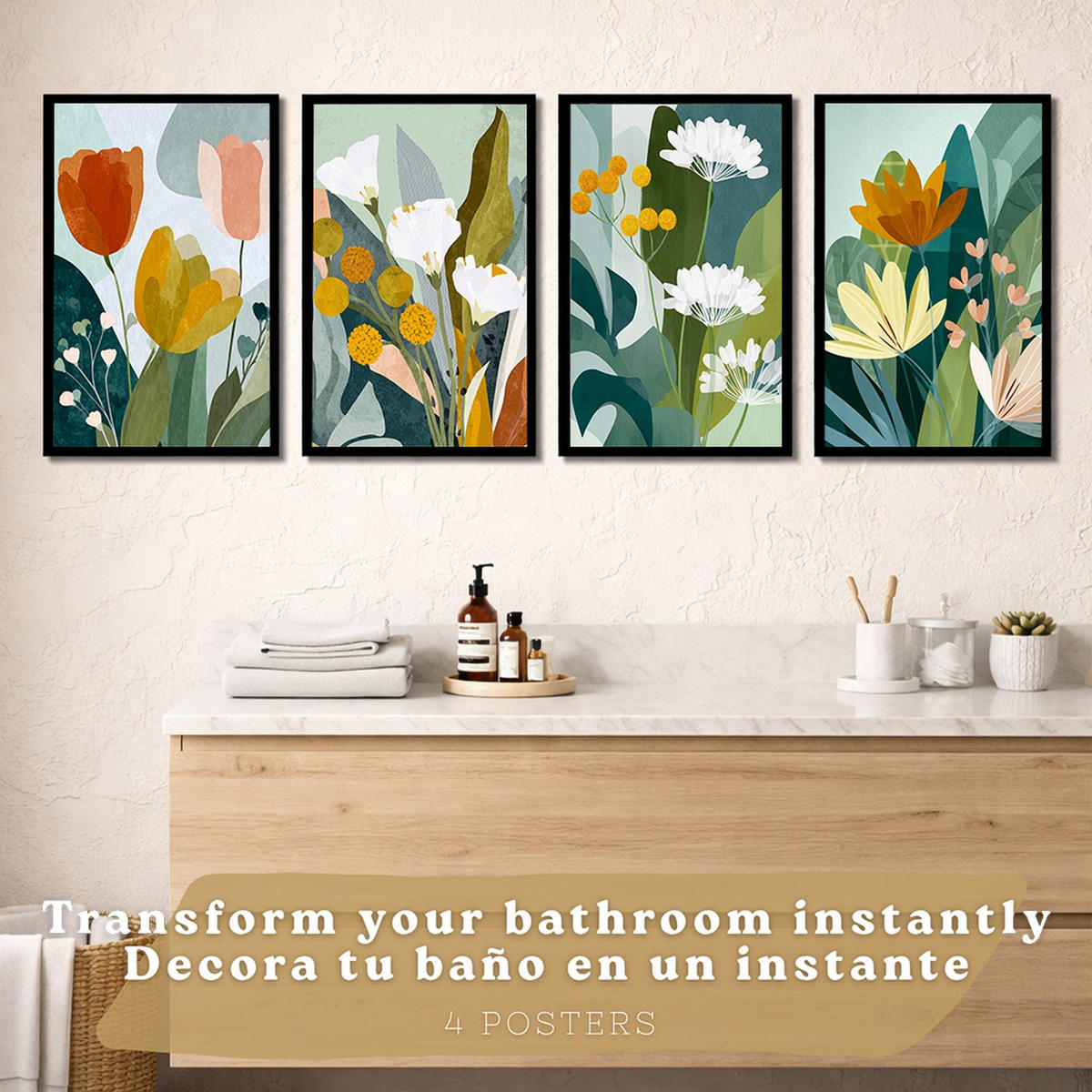 PLAKÁT Sada 4 Flores Černý rám A4 - černá, papír (29.7/21/3cm) - Nacnic