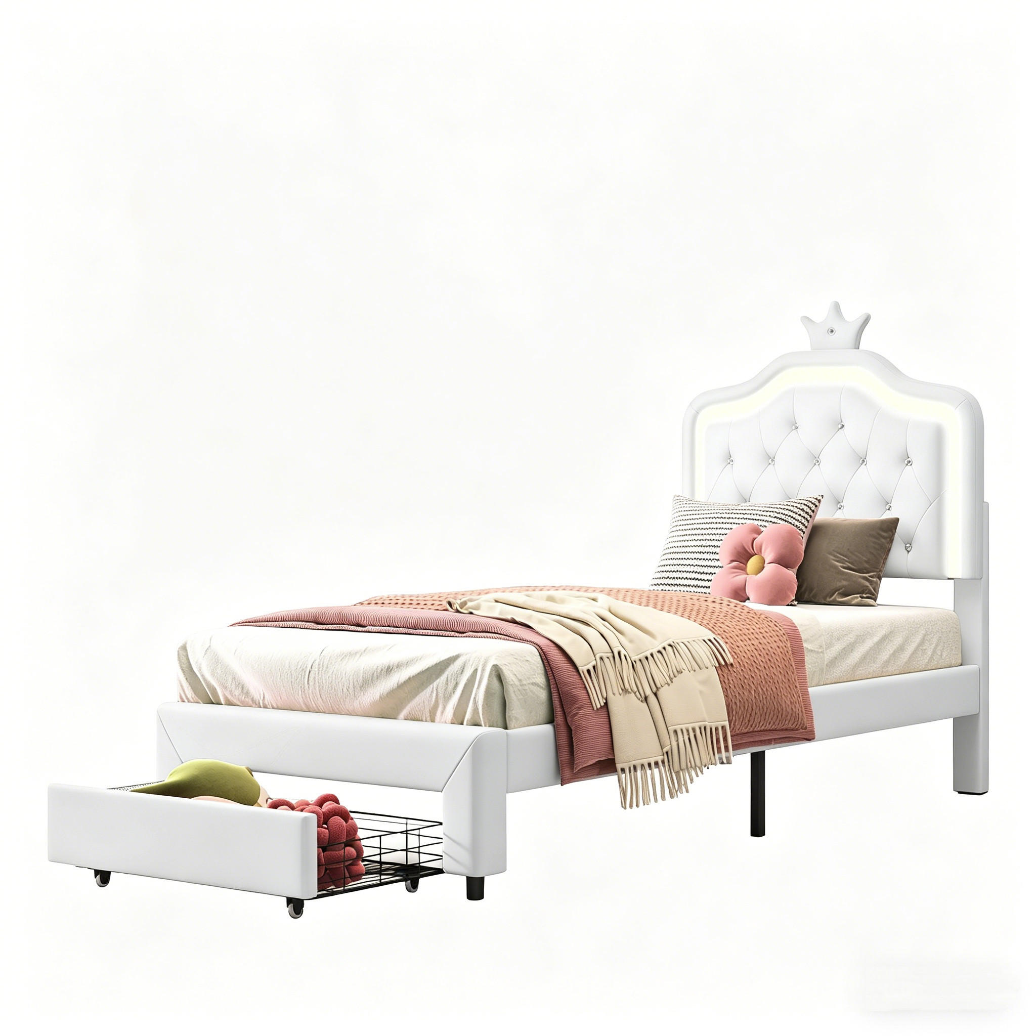 KINDERBETT 90/200 cm mit LED-Beleuchtung,Schublade und Kronen-Kopfteil - Weiß, Holz/Metall (90/200cm) - PARAFTA HOME