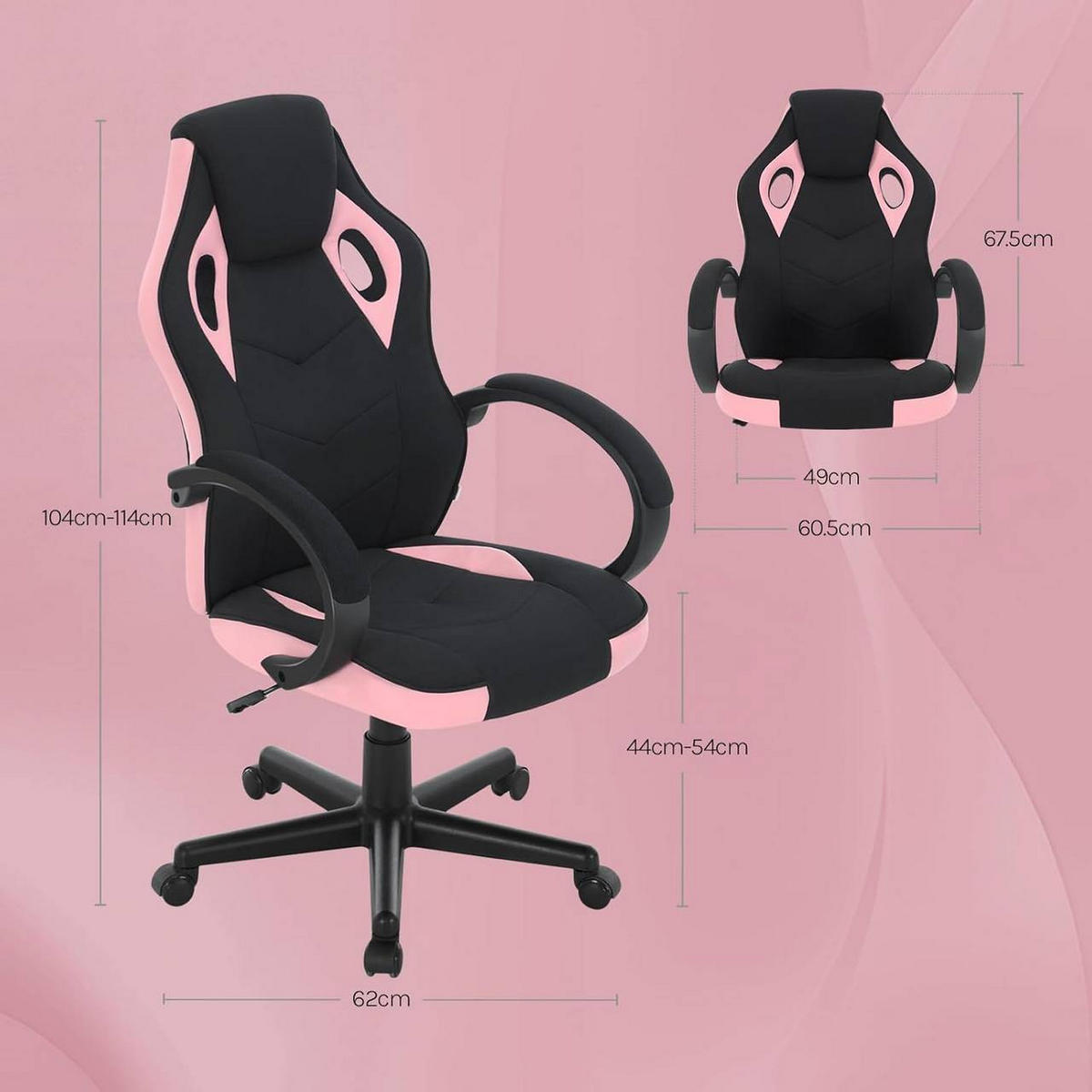 GAMINGSTUHL mit Kopfkissen, Mesh-Gewebe, Rosa+Schwarz - Schwarz/Rosa, Textil/Metall (62/104/72.5cm) - Woltu