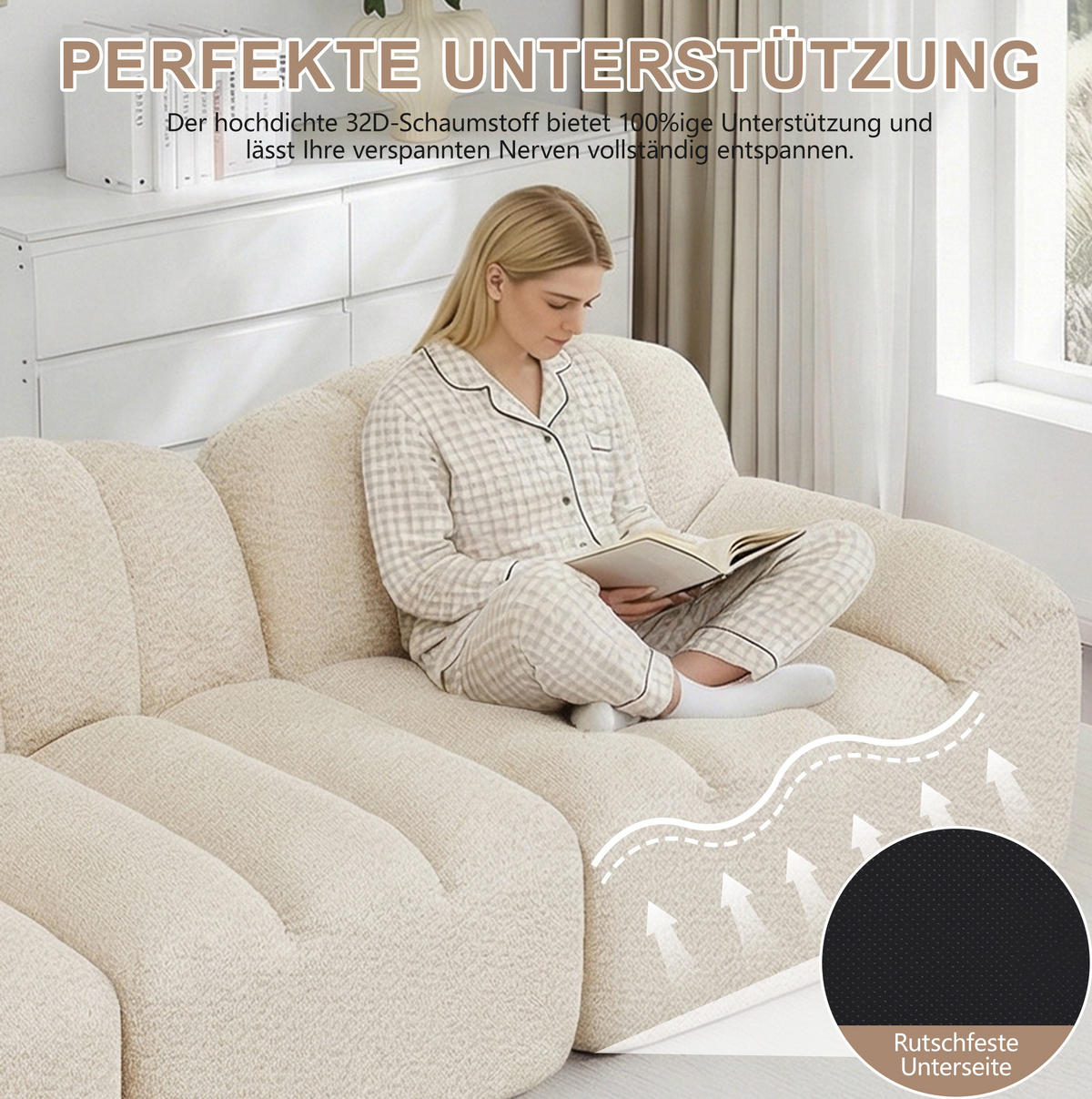 MODULARES 3-Sitzer-Sofa aus Granuliertem Fleece mit Ottomanenfunktion Beige-Weiß - Beige, Textil (104/79/288cm) - Modenvie