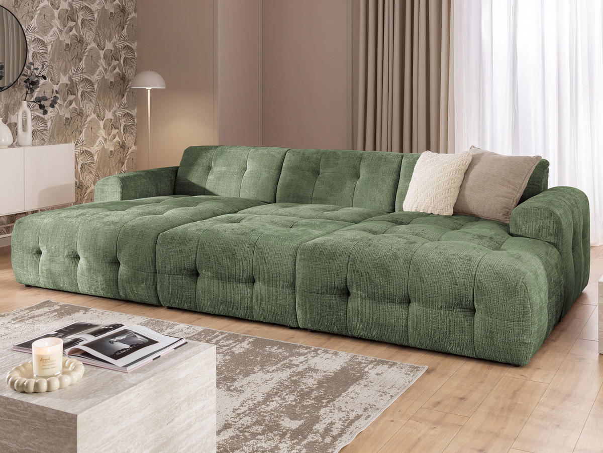 WOHNLANDSCHAFT inkl. Hocker Kozy im Bumpy-Design mit Schlaffunktion und fester Rückenlehne aus weichem Grün Chenille-Stoff - Schwarz/Grün, Holz/Kunststoff (323/79/161cm) - S-Style Möbel