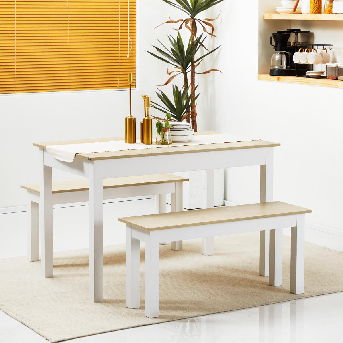 3-TEILIGE Essgruppe mit 2 integrierten Bänken für 4-6 Personen, moderner Stil, Spanplatte - Eichefarben, Kunststoff (119/75/70cm)