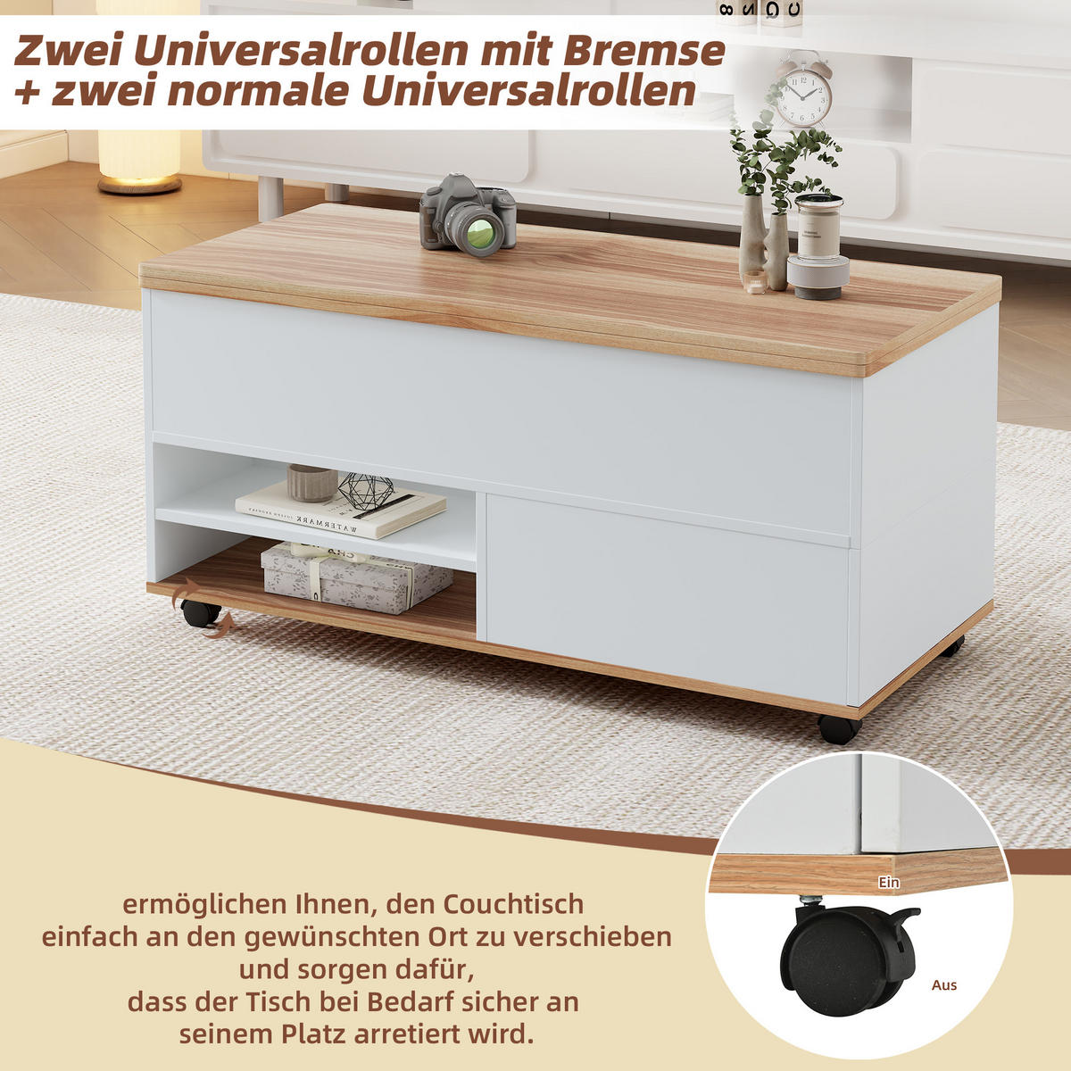 COUCHTISCH 100/98/65 cm höhenverstellbar mit Stauraum und Rollen - Weiß, Holzwerkstoff (100/98/65cm) - Flora Grace