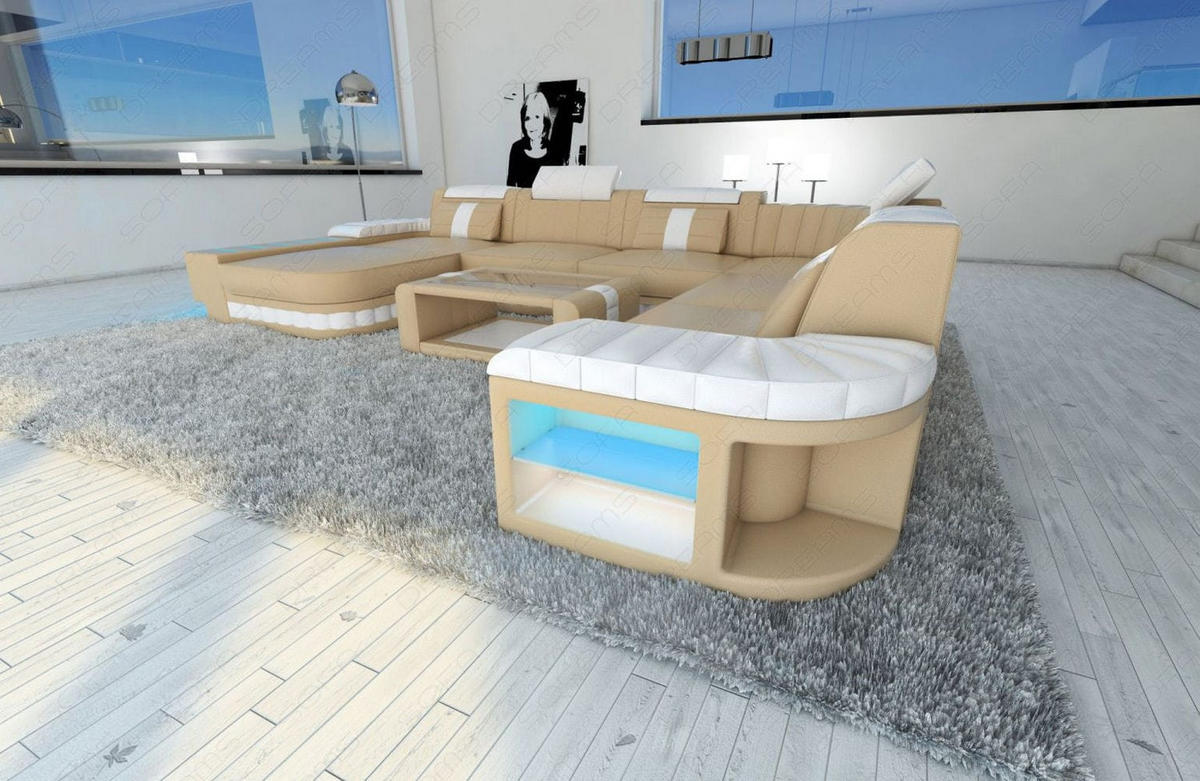 WOHNLANDSCHAFT Bellagio Sandbeige Weiß Büffelleder - Sandfarben, Leder (362/80/287cm)
