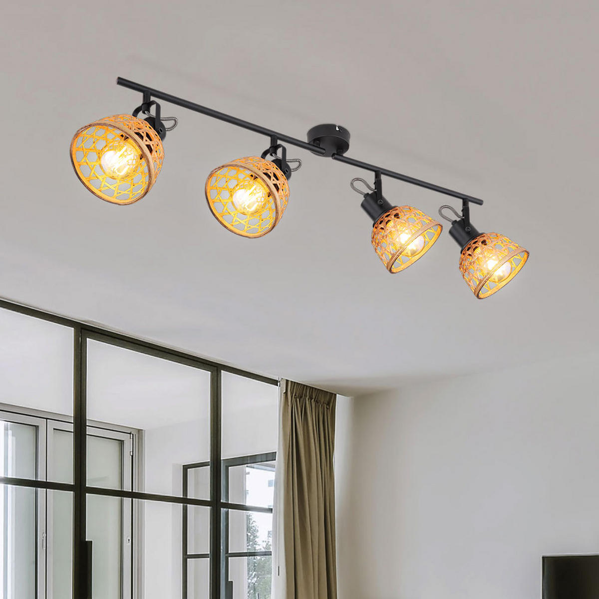 DECKENLEUCHTE Metall Bambus Schwarz WENNA - Braun, Holz (80/13/19cm) - Globo Lighting