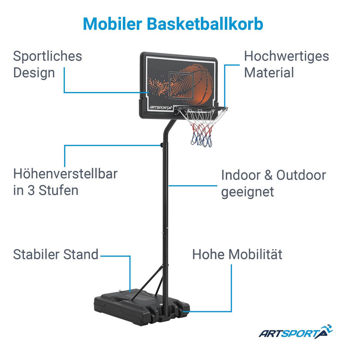 BASKETBALLKORB In- & Outdoor höhenverstellbar - Schwarz, Metall (60/90cm) - Artsport