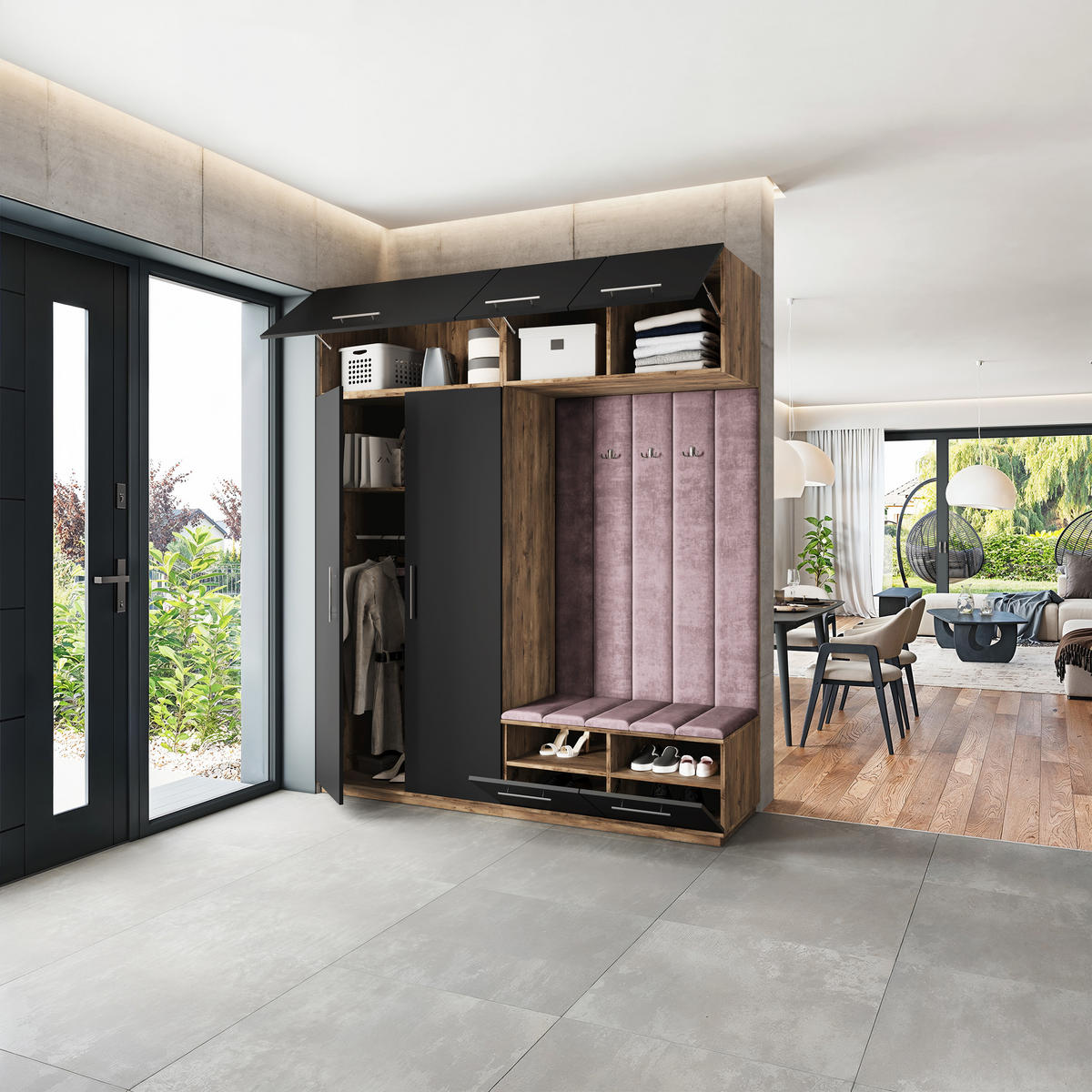 GARDEROBENSCHRANK REMA 200/240/60 cm Modern Garderobe-Set Eiche Lefkas - Eichefarben/Lila, Holzwerkstoff (200/240/60cm) - MASSENO