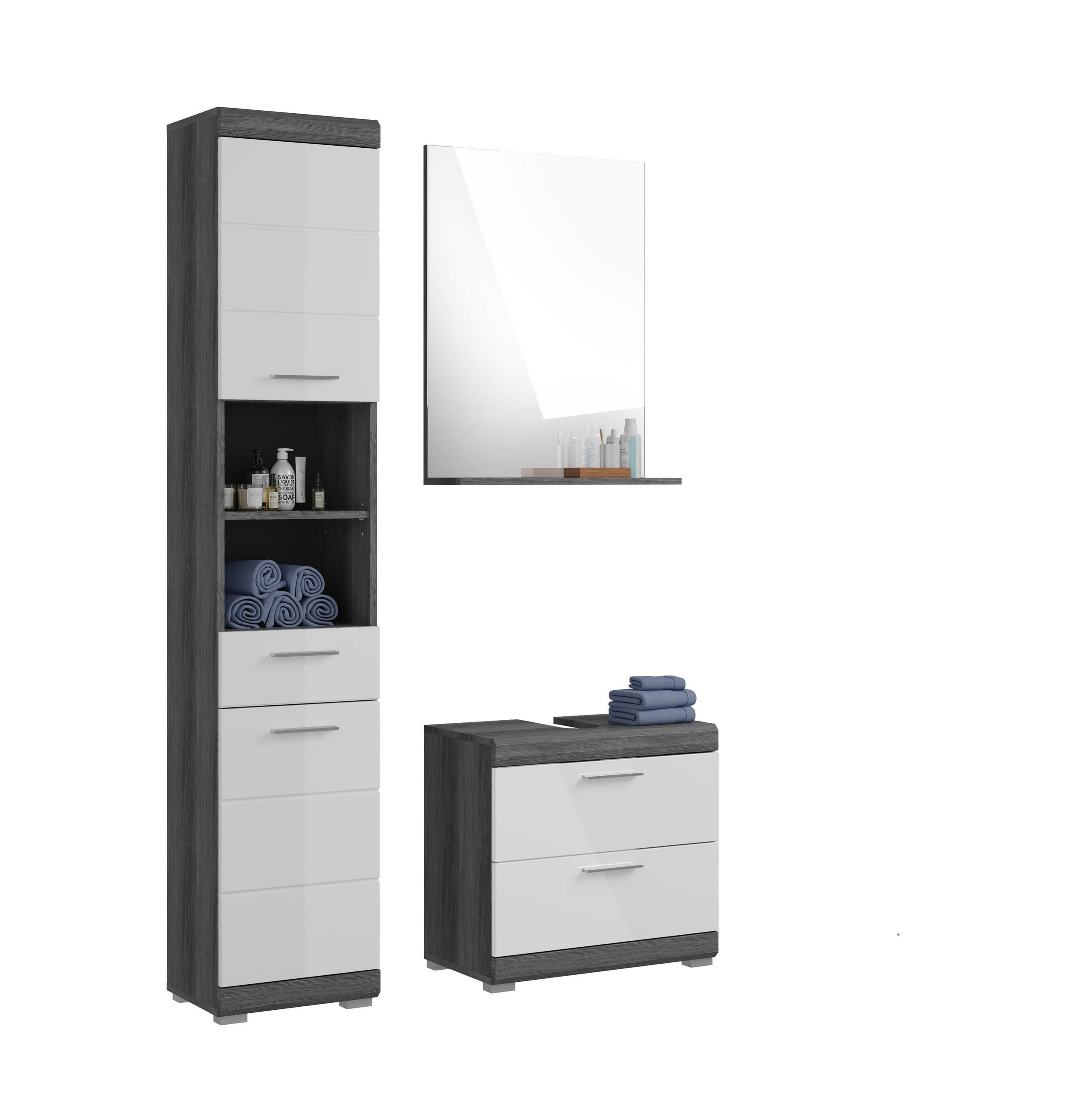 BADKOMBINATION 3tlg. Scout Bad in Rauchsilber Nachbildung und weiß hochglanz B/H/T: 112x191x34 cm - Anthrazit, Holz (112/191/37cm)