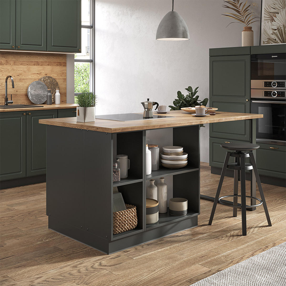 KÜCHENINSEL Fame-Line Grün-Gold Landhaus/Anthrazit 90 cm mit Schublade ohne AP - Anthrazit/Grün, Holzwerkstoff (90/82/60cm) - Vicco