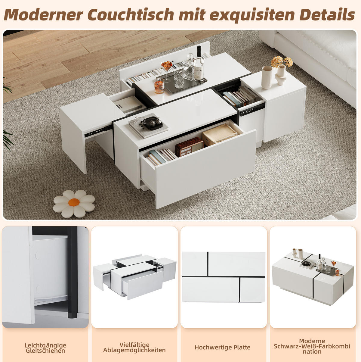 COUCHTISCH 100/60/40 cm Weiß/Schwarz aus Spanplatte mit 4 Schubladen - Schwarz, Holzwerkstoff (100/60/40cm) - OKMYHOME