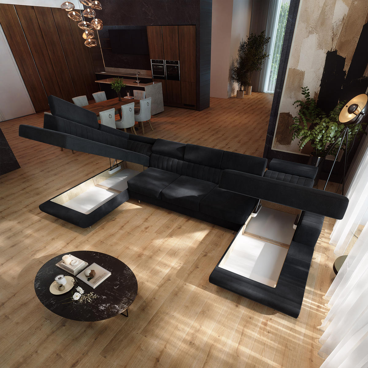 WOHNLANDSCHAFT GAIAN Schwarz Velours-Stoff mit Schlaffunktion - Schwarz, Holz (412/88/190cm) - MASSENO