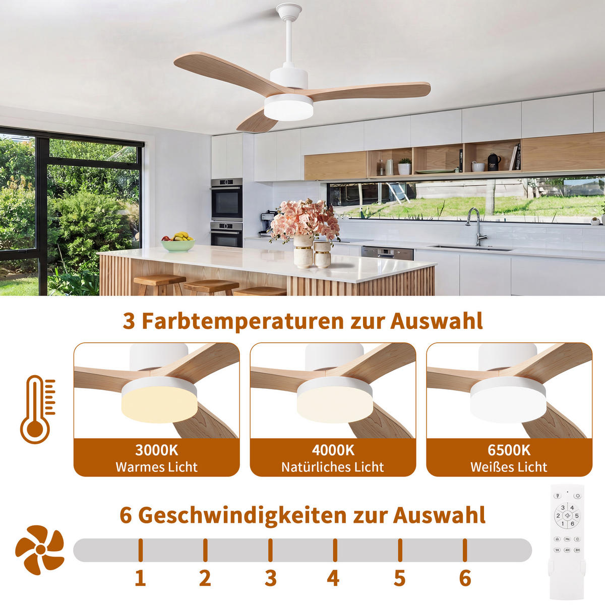 DECKENVENTILATOR mit LED-Licht, 106,6 cm, 3 Holzflügel, 6 Stufen & Timer - Naturfarben, Metall (106.6/106.6/52cm) - EuroLiving