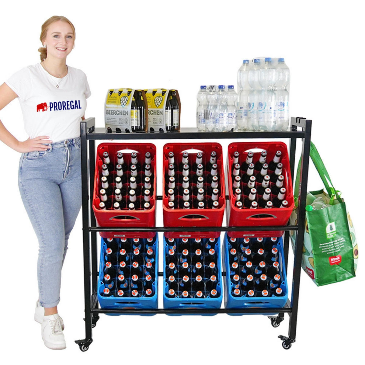 GETRÄNKEKISTENREGAL Königssee L PLUS mit Ablage 119x110x33 6 Kisten auf 2 Ebenen Auf Rollen Schwarz - Schwarz, Metall (110/119/33cm) - PROREGAL